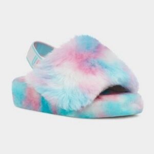 EUC Ugg Fluff Yeah Pride Slide Colorful Fluffy Slippers Size 8
